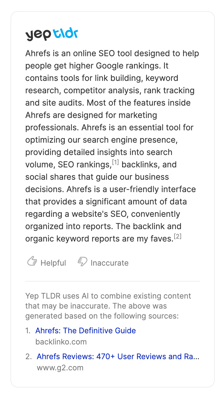 La función "tldr" de Yep.