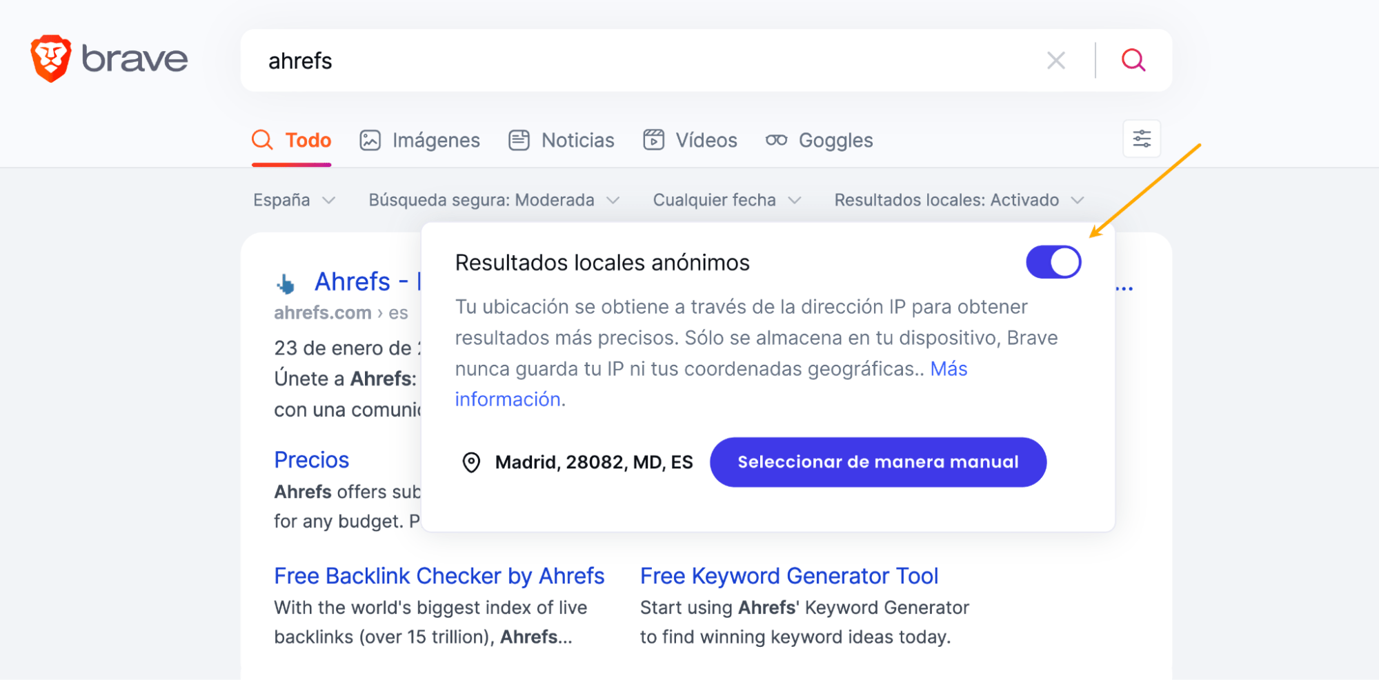 Resultados locales anónimos en Brave Search