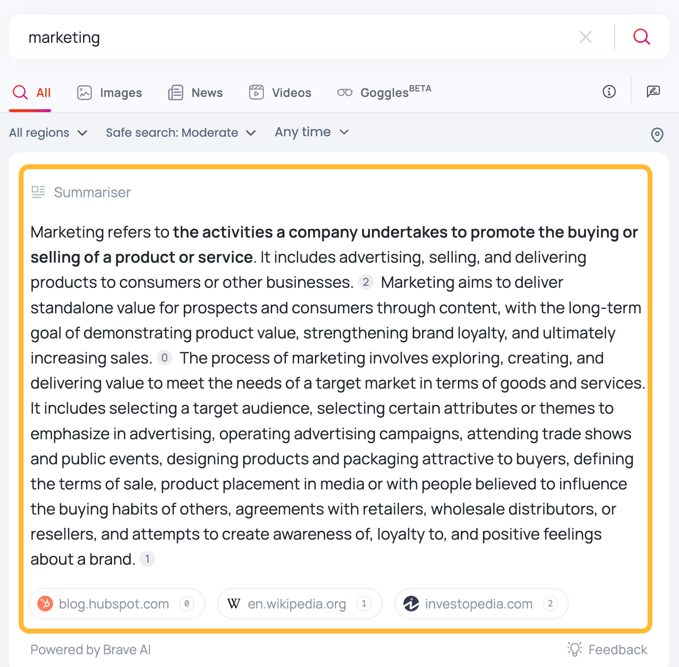 Función de resumen de Brave.