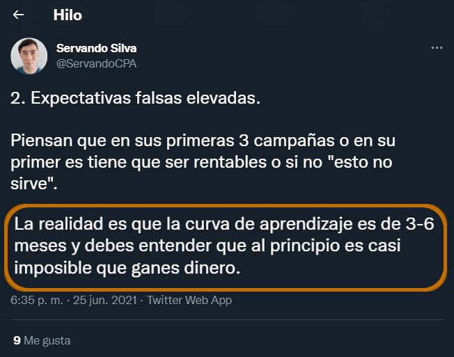 Tweet sobre las expectativas a la hora de lanzarse con el marketing de afiliados.