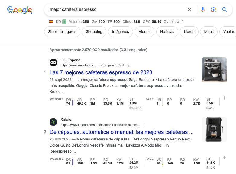 Con la barra de herramientas SEO de Ahrefs podrás ver métricas SEO mientras buscas en Google