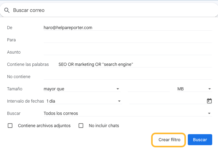 Opciones para personalizar un filtro en Gmail