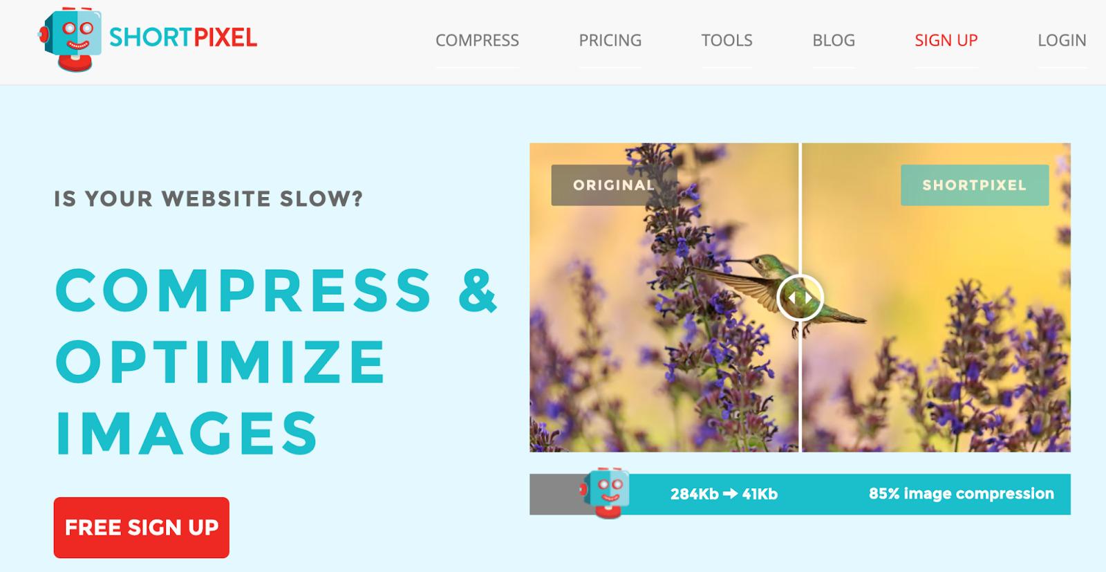 Extracto de la página web de ShortPixel, en la que se muestra una fotografía de un pájaro antes y después del proceso de compresión