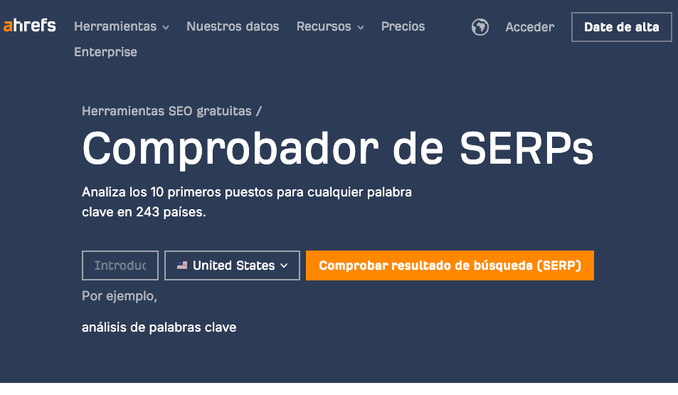 Captura de pantalla del comprobador de serps de Ahrefs