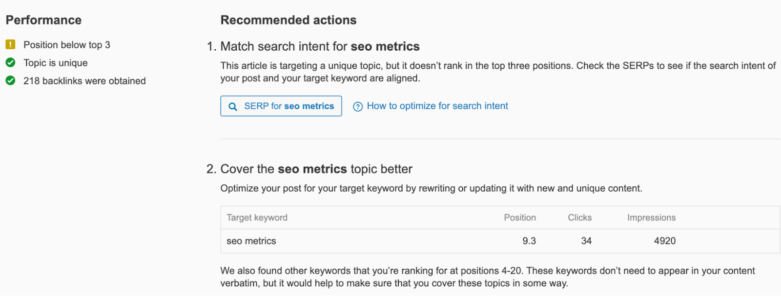 Lista de acciones recomendadas con una explicación debajo de cada acción