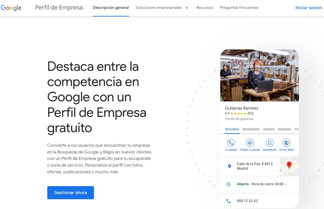 Extracto de la página de Perfil de Empresa de Google