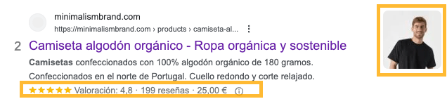 Ejemplo de fragmento de producto, con el precio, foto y reseñas.