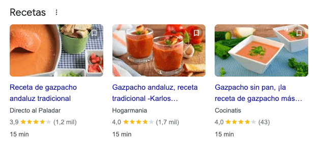 Ejemplo de fragmento enriquecido, carrusel de Recetas en Google