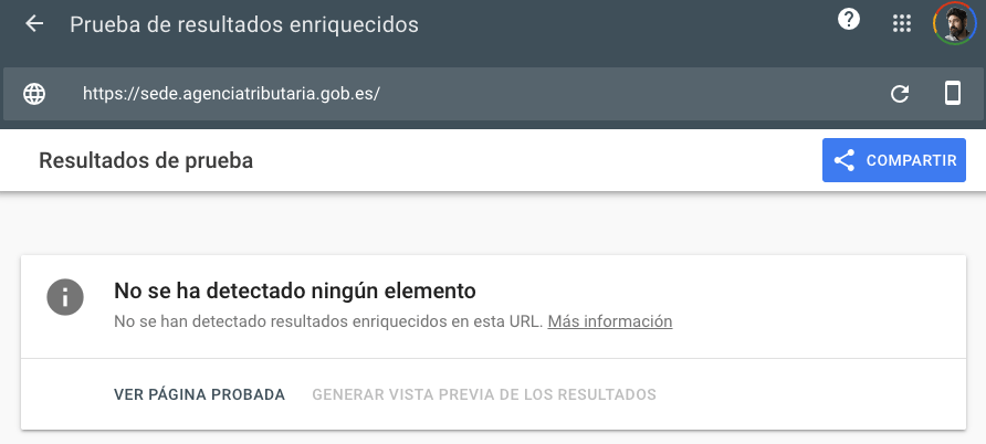 Ejemplo de página sin fragmentos enriquecidos, la web de la Agencia Tributaria de España