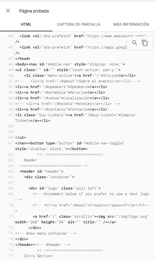 Código HTML de una página web visto en Page Inspect de Ahrefs