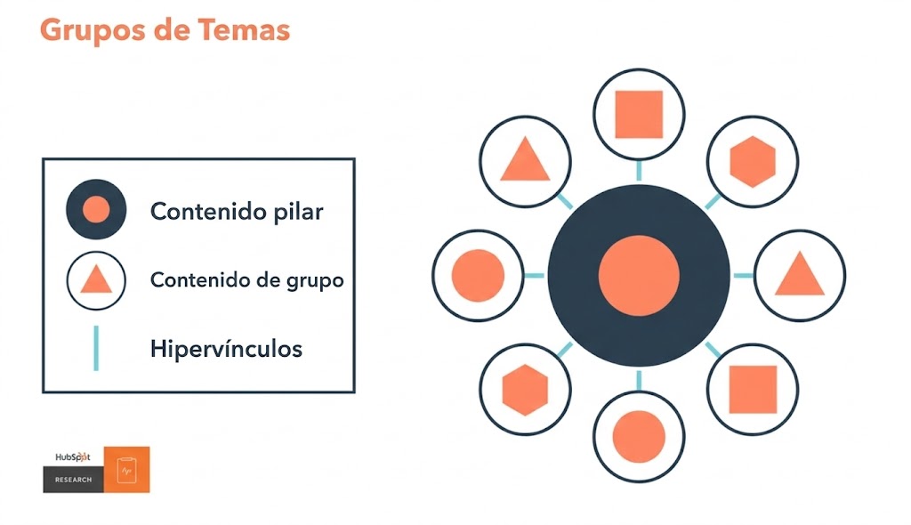 Diagrama mostrando el modelo de topic clusters con un círculo central de contenido pilar conectado por hipervínculos a nodos de contenido secundario de varias formas.