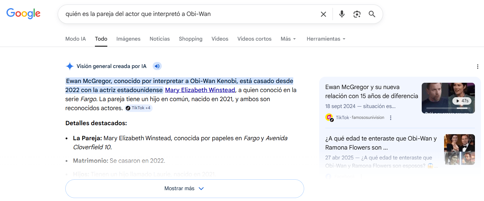 Página de resultados de búsqueda de Google mostrando información sobre las parejas de los actores de Obi-Wan Kenobi: Ewan McGregor casado con Mary Elizabeth Winstead, Alec Guinness casado con Merula Salaman.