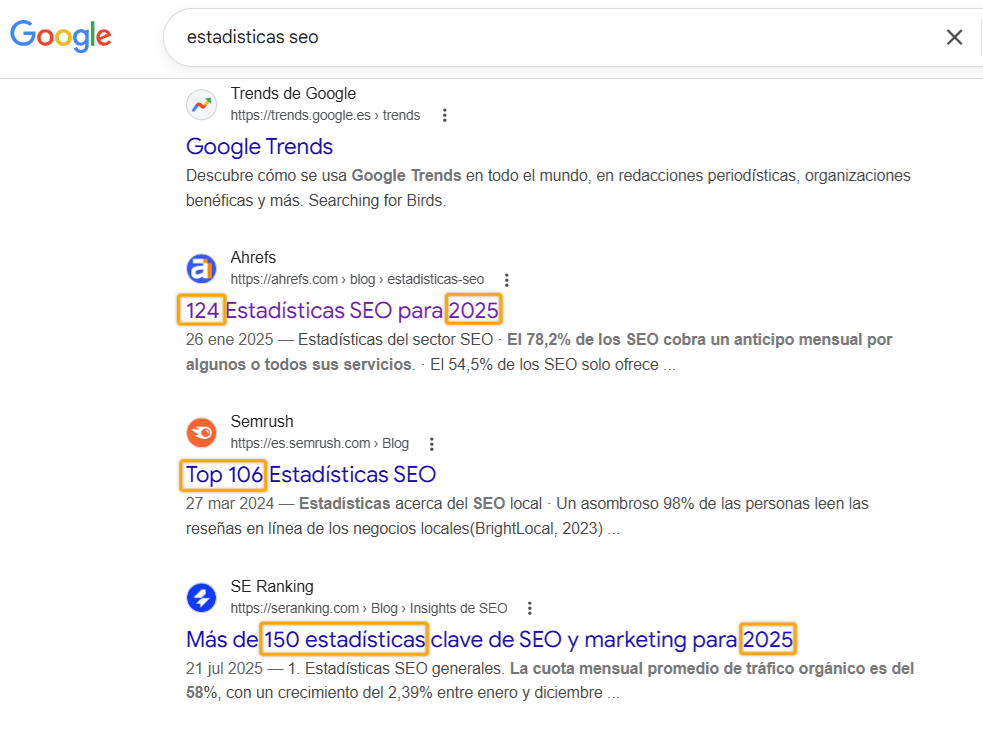 Página de resultados de búsqueda de Google para "estadísticas seo" mostrando tres listados de artículos con títulos destacados sobre estadísticas SEO.