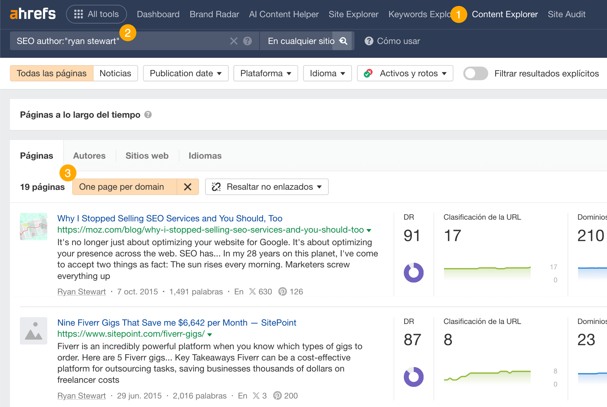 Búsqueda de contenidos de un blogger en Content Explorer de Ahrefs.