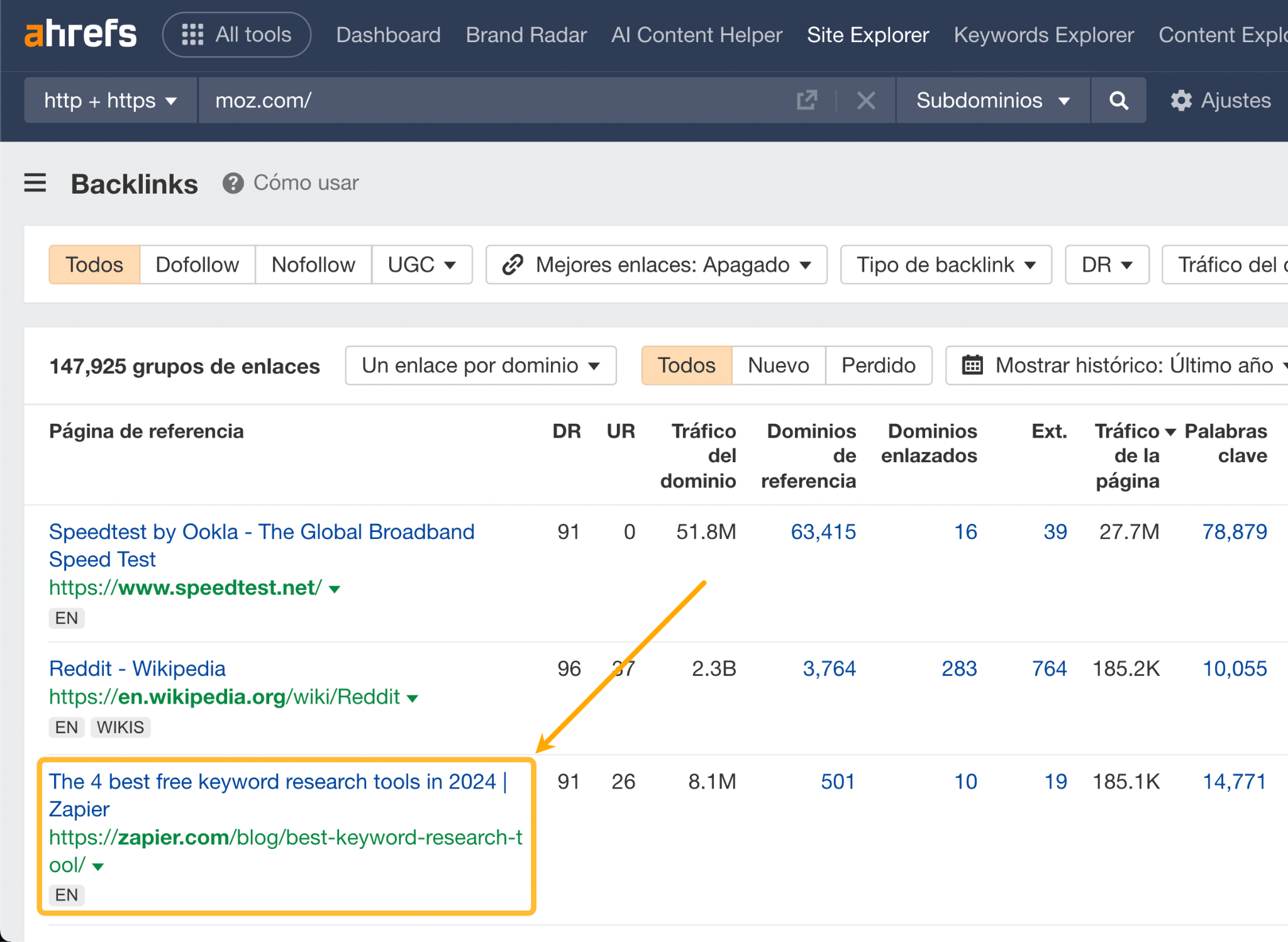 Ejemplo de listicle en el informe de Backlinks de Site Explorer.