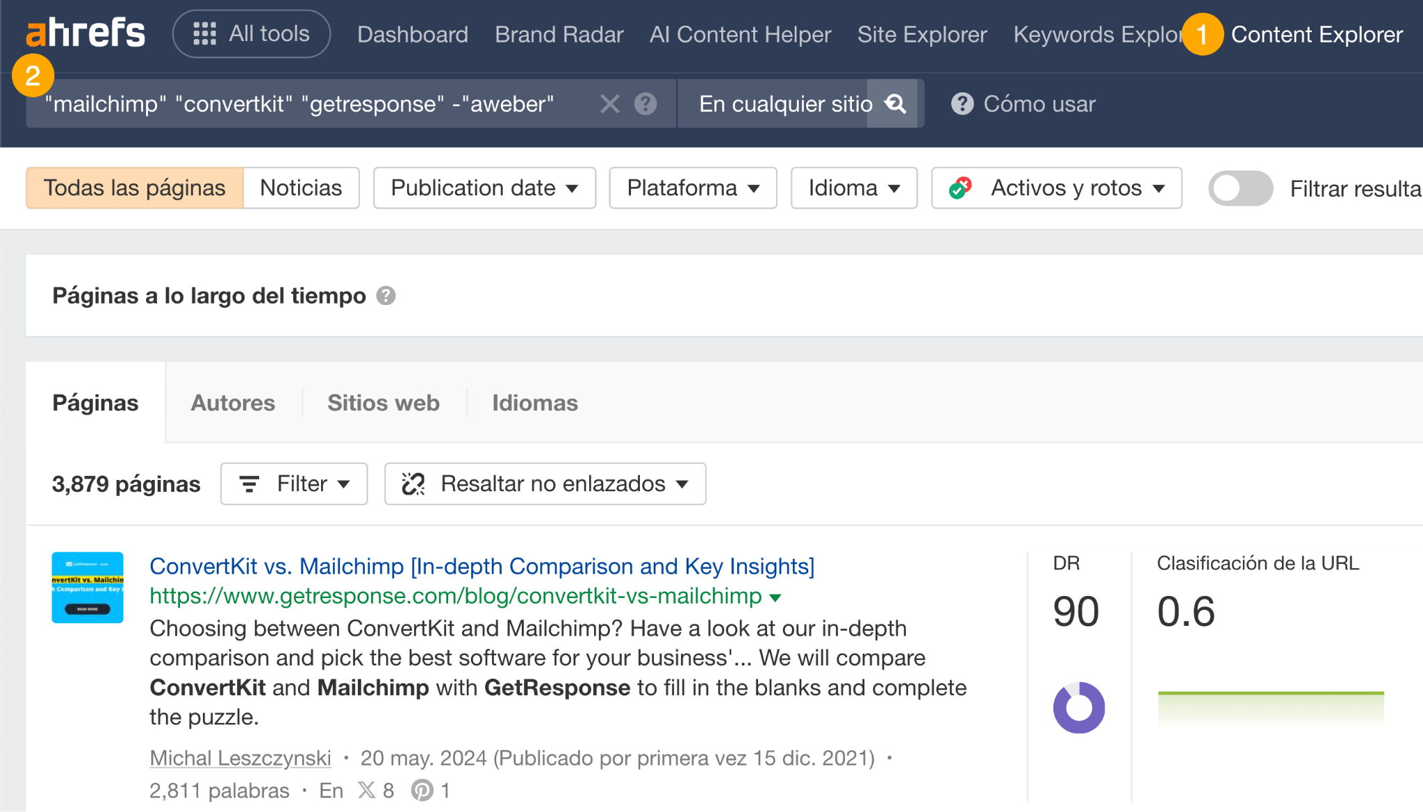 Encontrar menciones de la competencia en Content Explorer de Ahrefs.