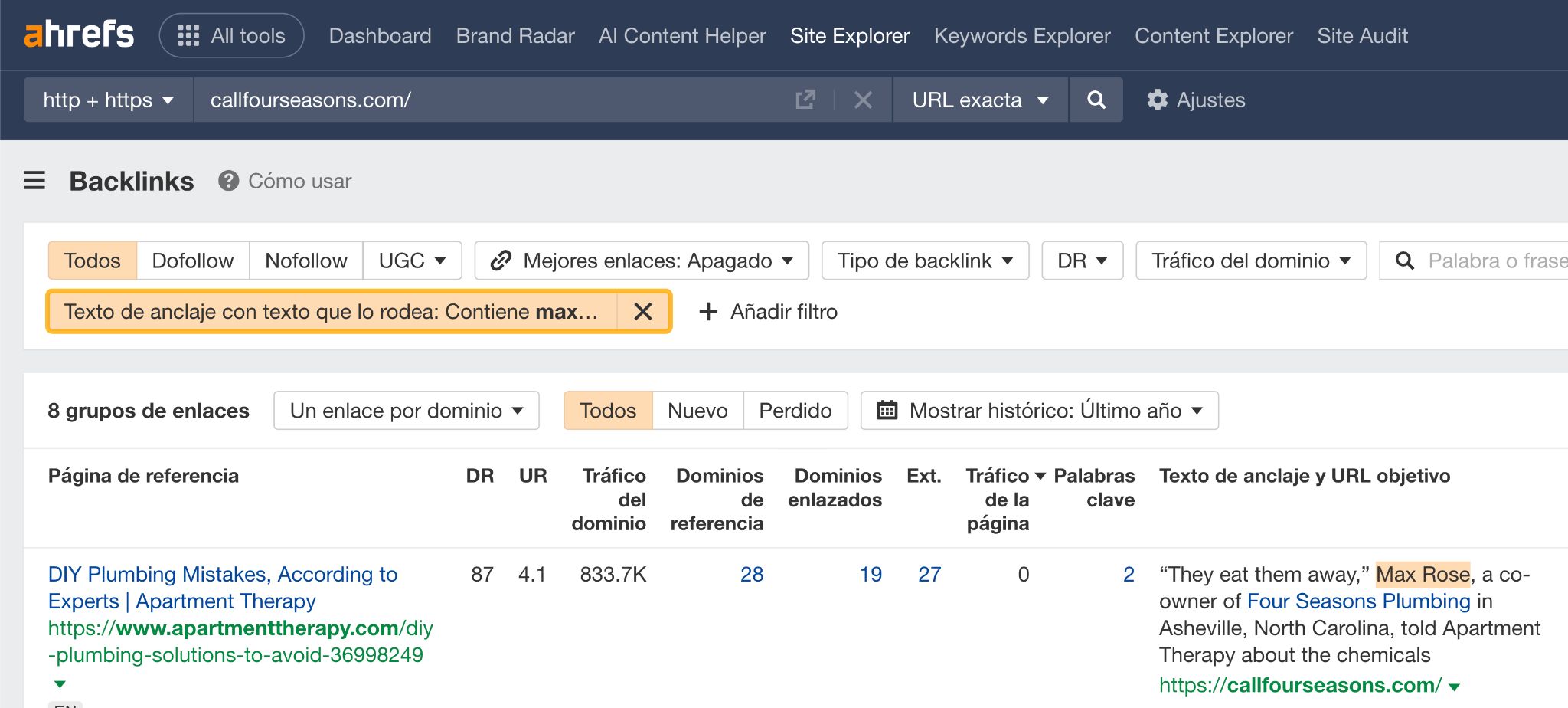 Filtrado de backlinks HARO en Site Explorer de Ahrefs