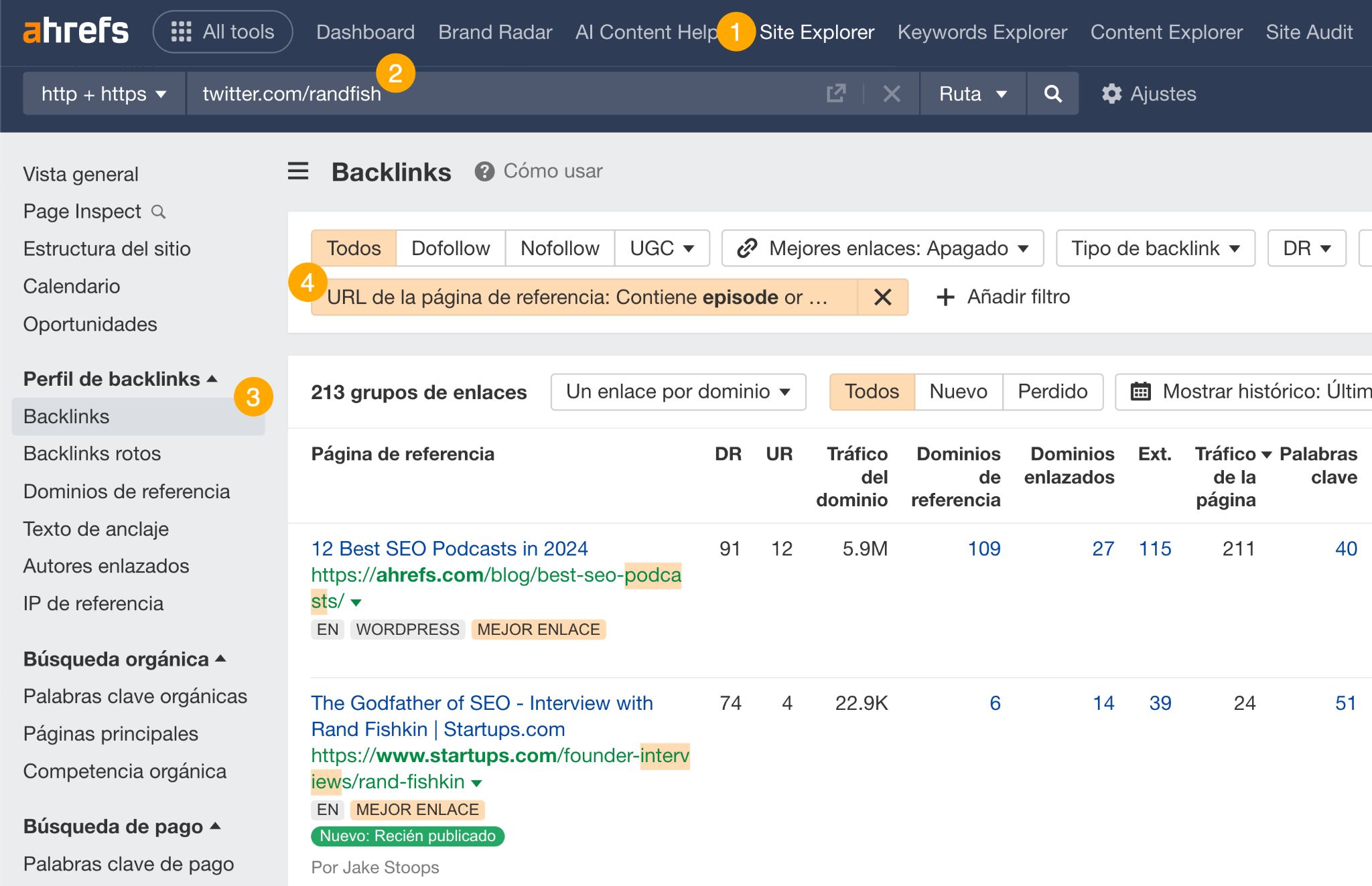 Filtrado del informe Backlinks para enlaces de entrevistas y podcasts en el Site Explorer de Ahrefs.