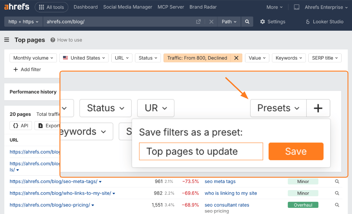 Site Explorer de Ahrefs mostrando un cuadro naranja que resalta la función de Preajustes con un cuadro de diálogo abierto que muestra cómo guardar los filtros como un preajuste llamado "Páginas principales para actualizar".