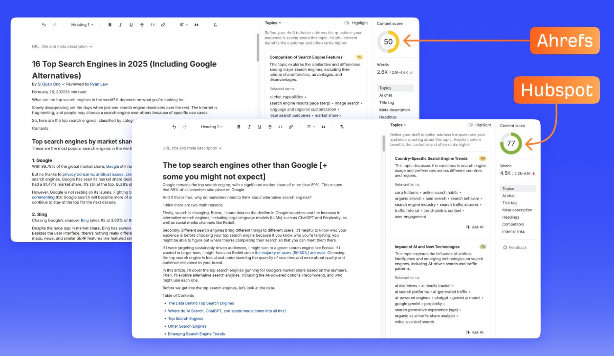 Una vista en capas de 2 capturas de pantalla del AI Content Helper de Ahrefs, mostrando el blog de Ahrefs sobre los principales motores de búsqueda junto con el blog de HubSpot sobre los principales motores de búsqueda. Ahrefs logra una puntuación de 50, mientras que HubSpot obtiene un 77.
