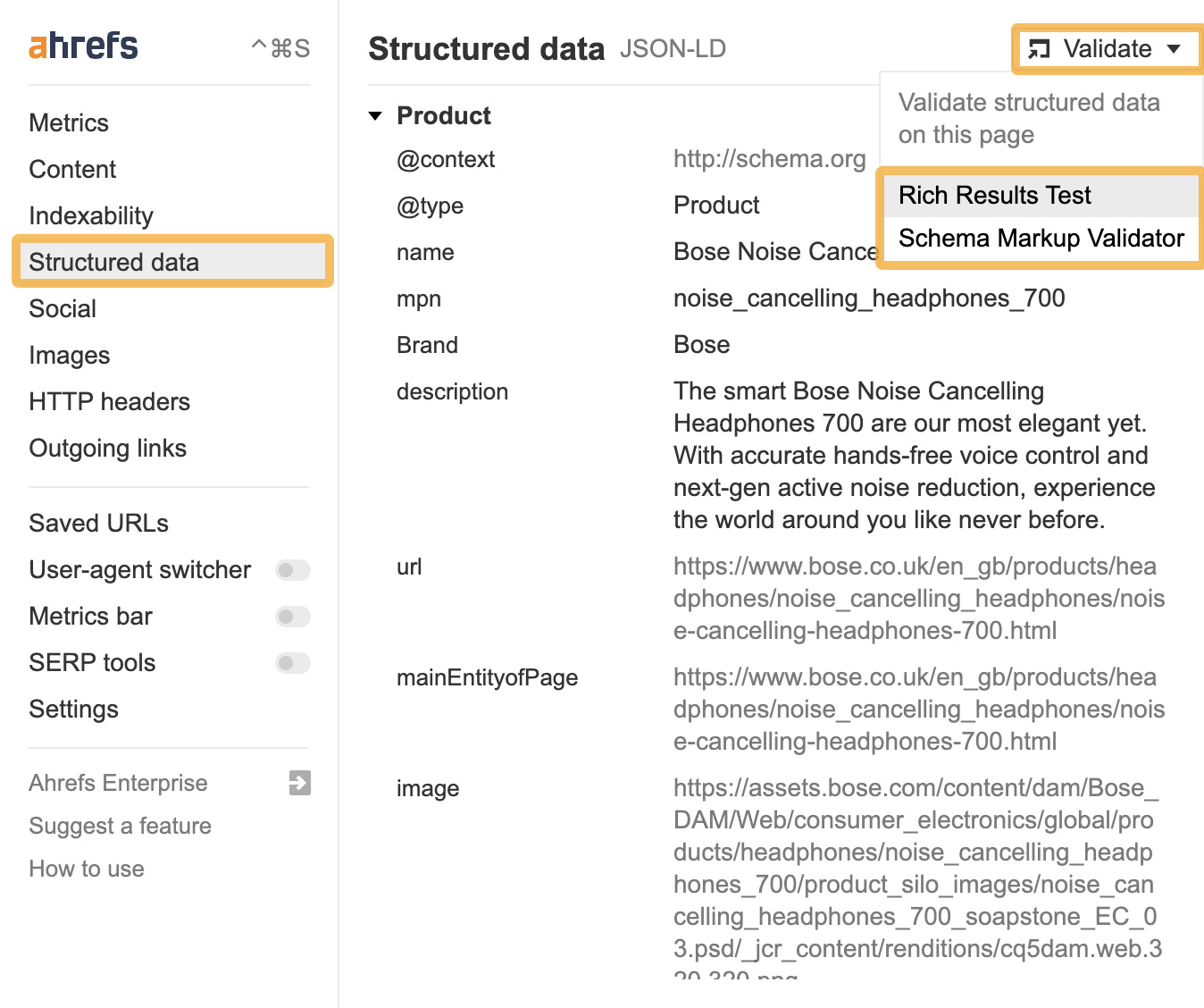 Datos estructurados que muestran el esquema JSON-LD, a través de la barra de herramientas SEO de Ahrefs
