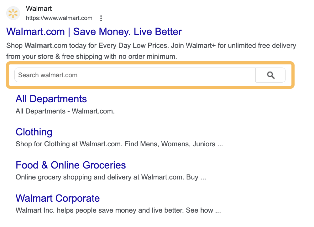 Ejemplo de cuadro de búsqueda de Sitelinks, vía google.com