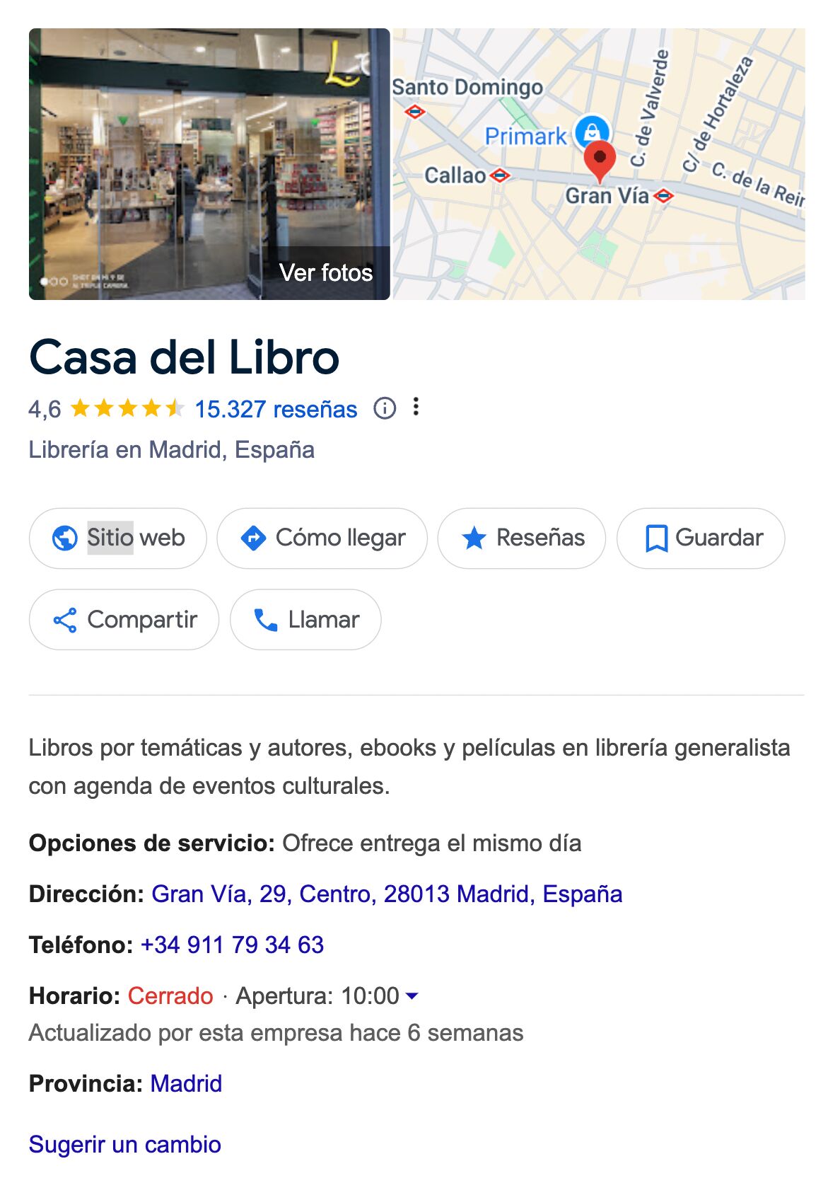 Ejemplo de empresa local, a través de google.com