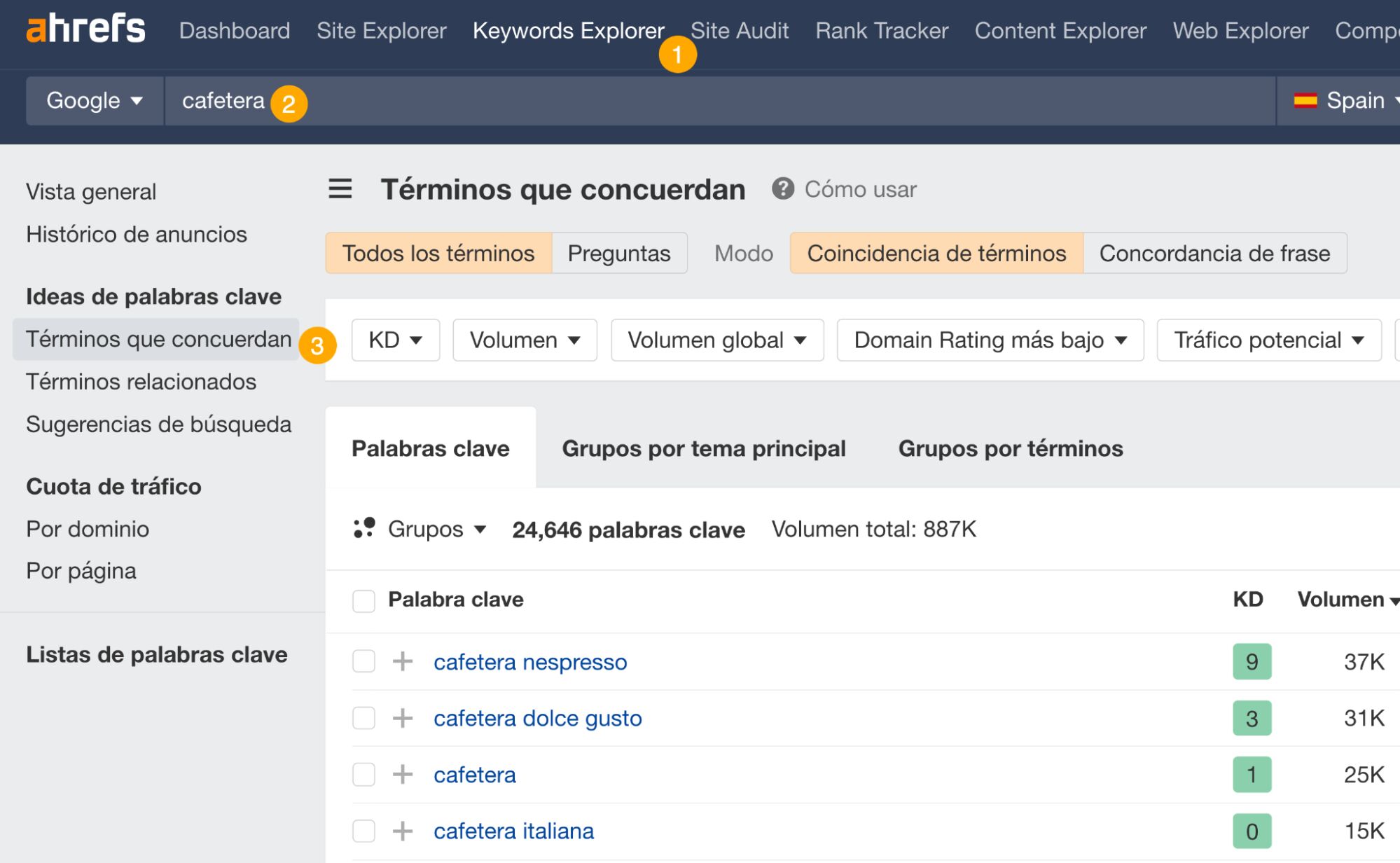 Informe de Términos que concuerdan en Site Explorer de Ahrefs.