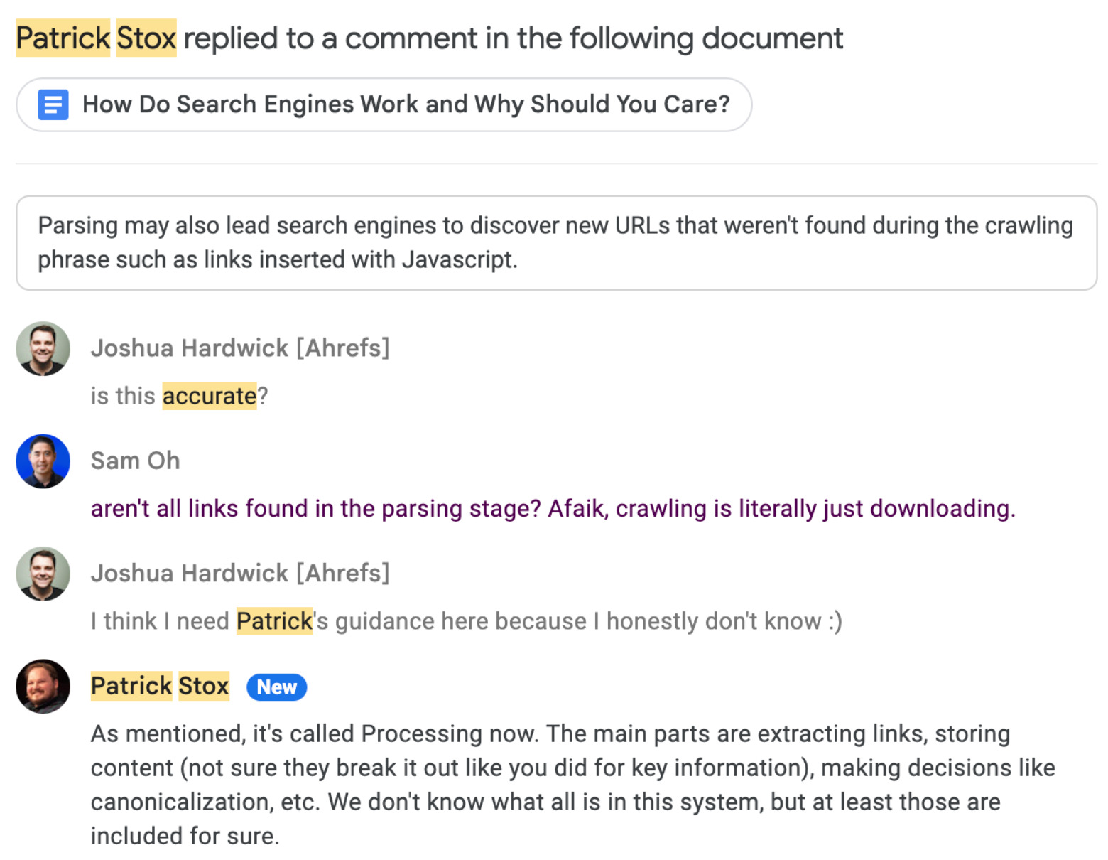 Comentarios en uno de nuestros borradores.