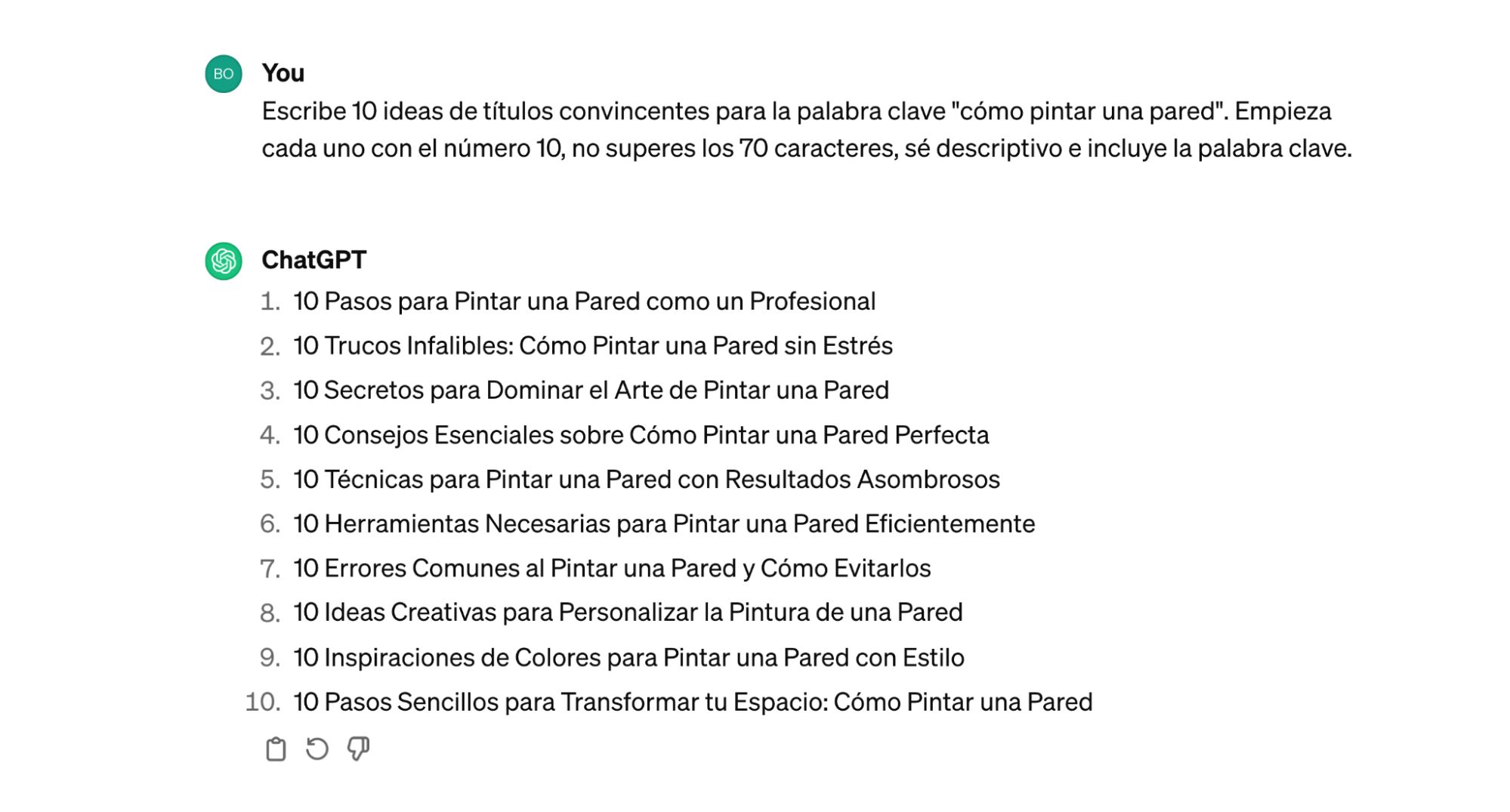 Respuesta de ChatGPT tras pedirle que cree 10 etiquetas de título.