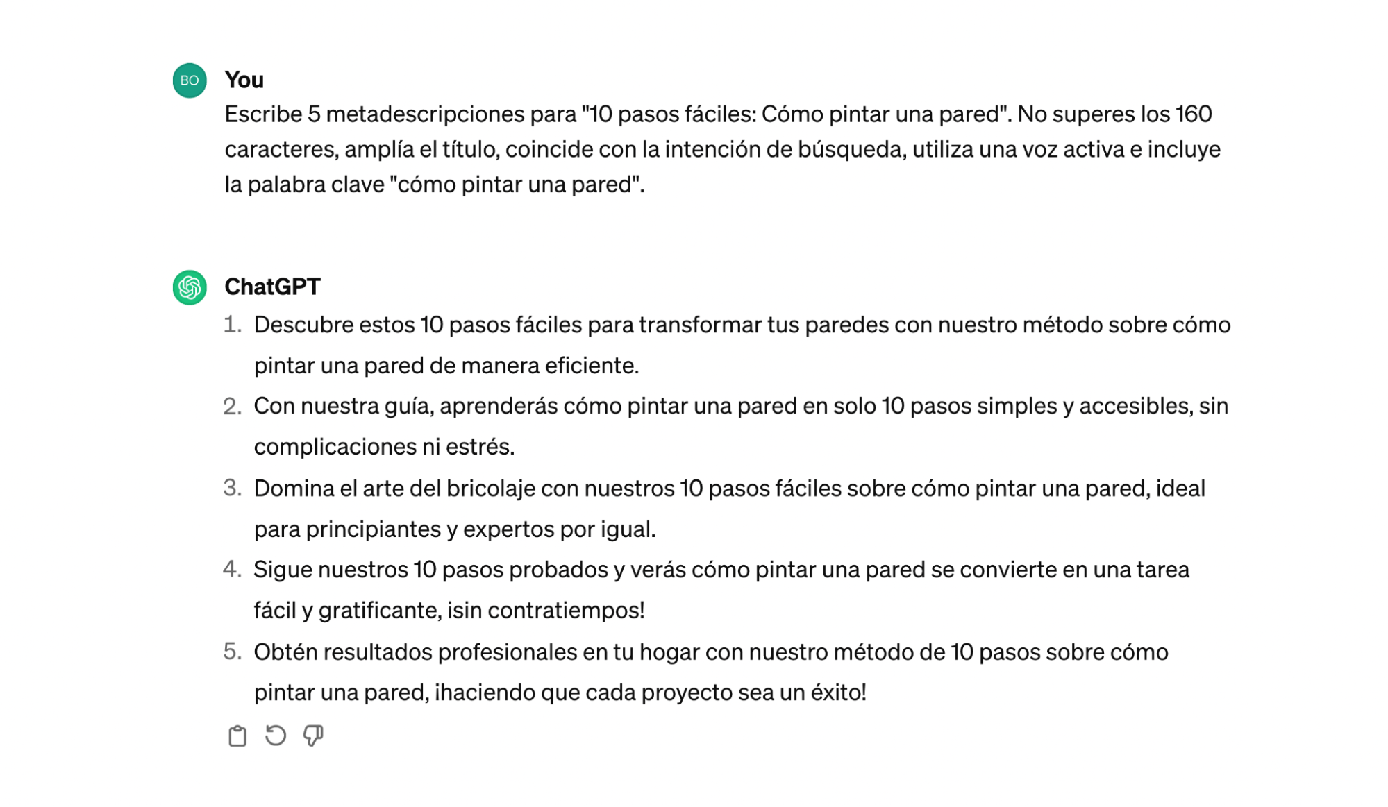 Respuesta de ChatGPT después de que se le pidiera que creara 5 metadescripciones