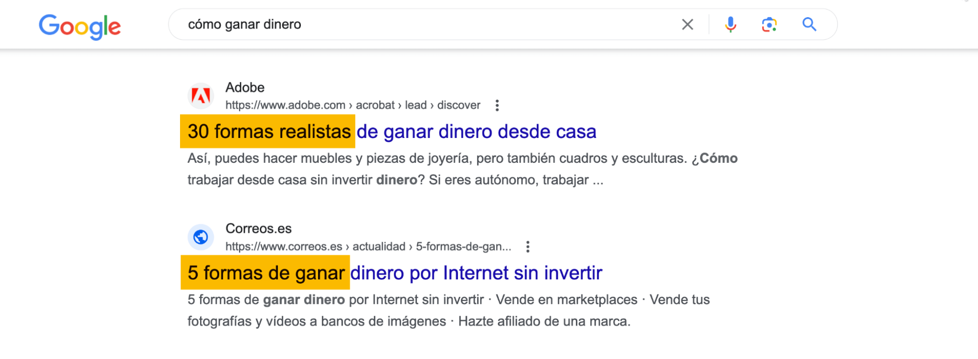 Consulta SERP de la palabra clave "cómo ganar dinero"