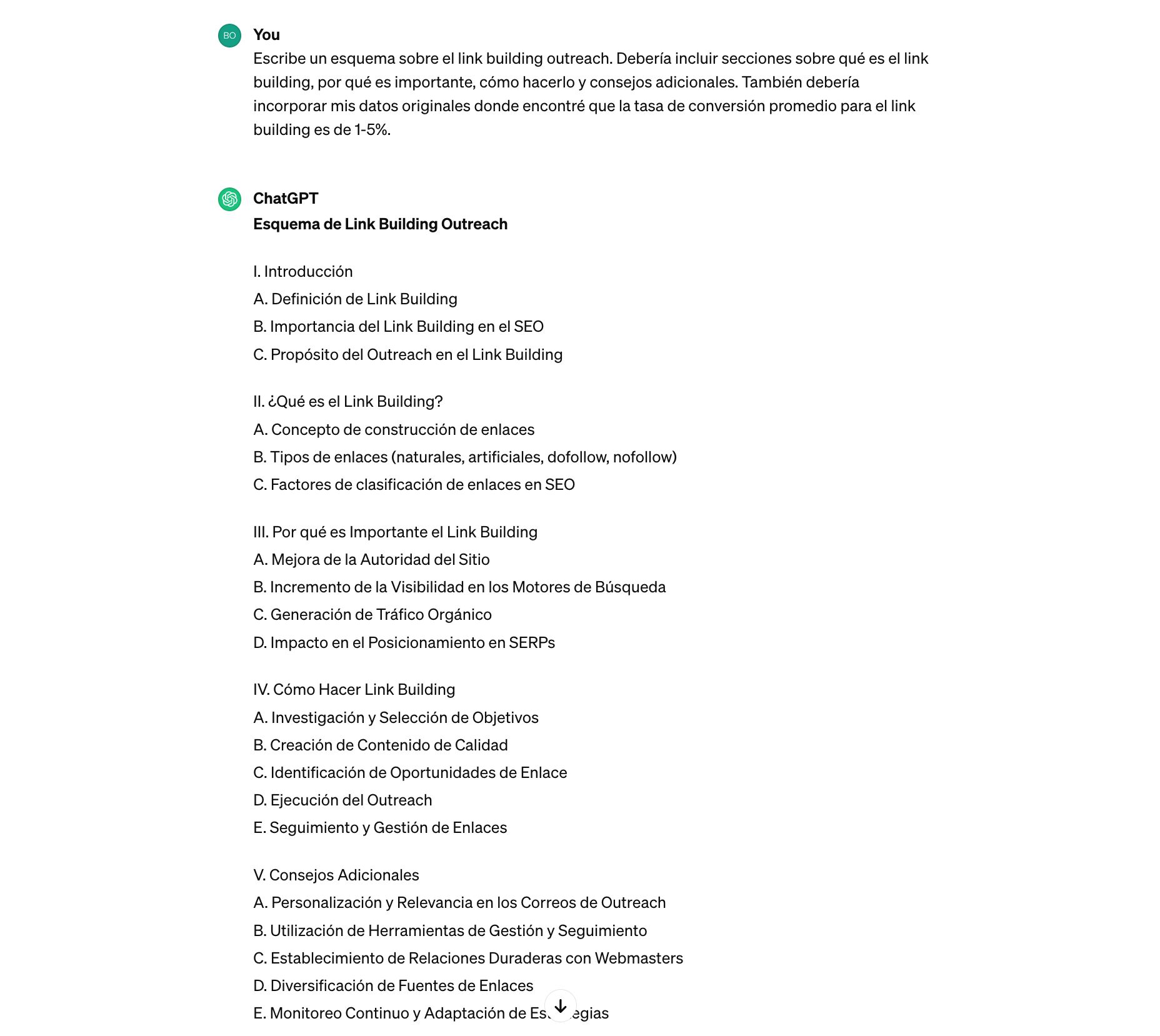 Esquema de ChatGPT para un post sobre link building outreach.