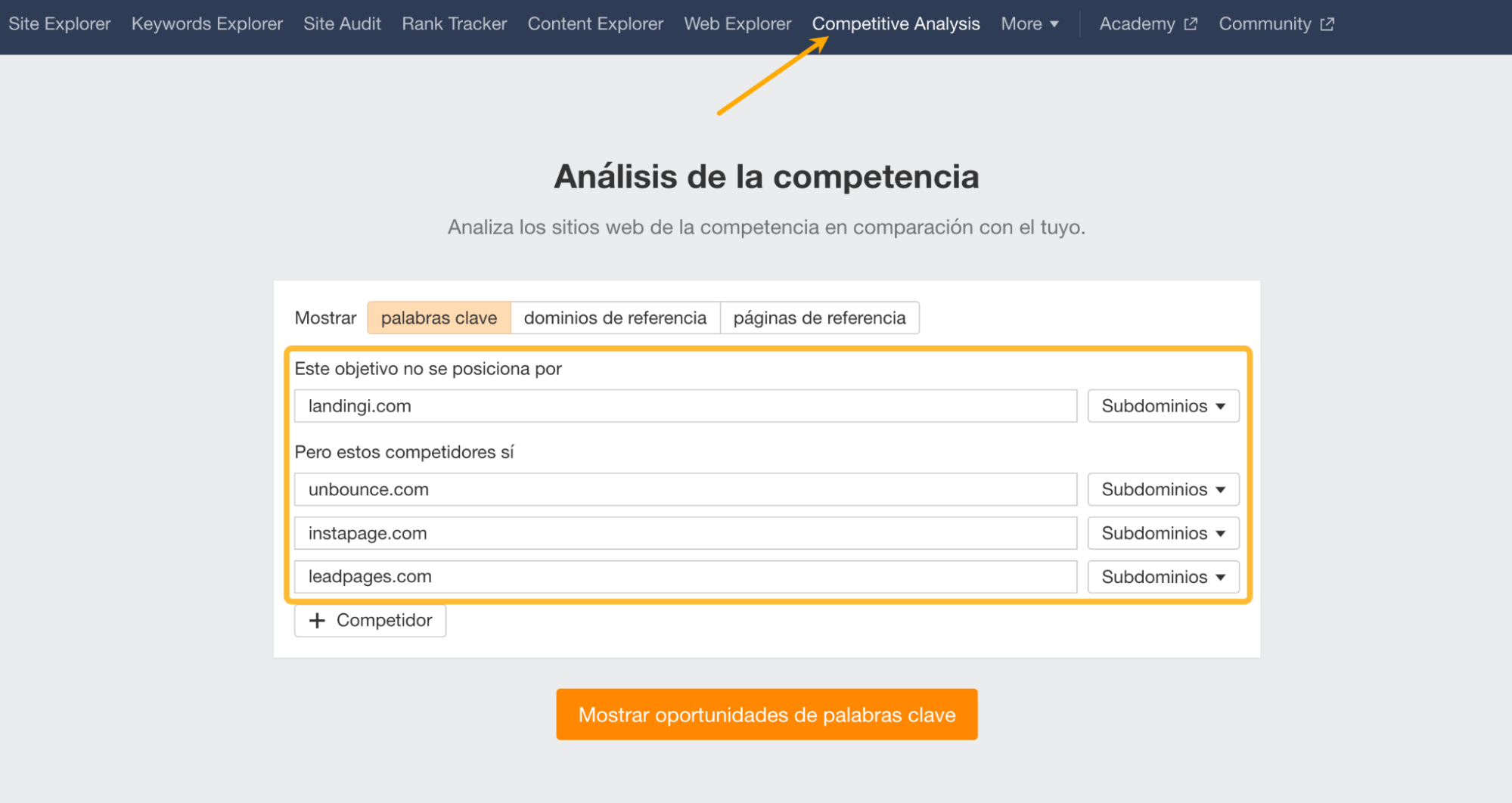 Introduce tu sitio web y el de los competidores en Análisis de la competencia.