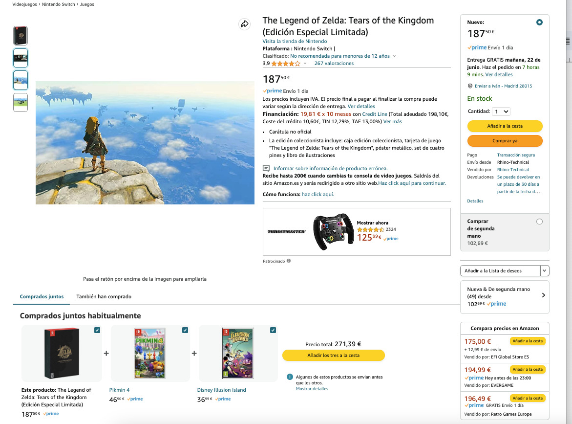 Captura de pantalla de Amazon, en la que vemos cómo en la página del carrito, te sugieren otros productos