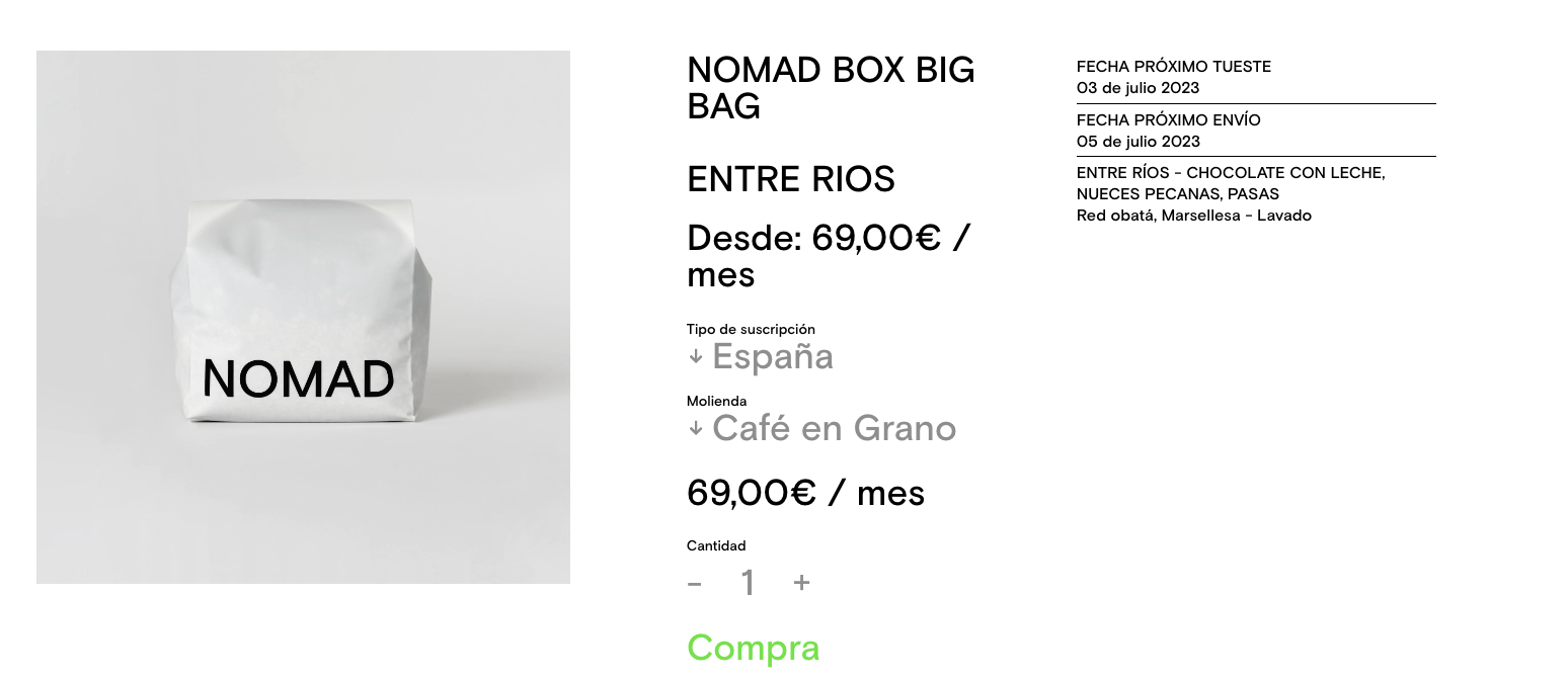 Captura de pantalla de la suscripción de Nomad Café
