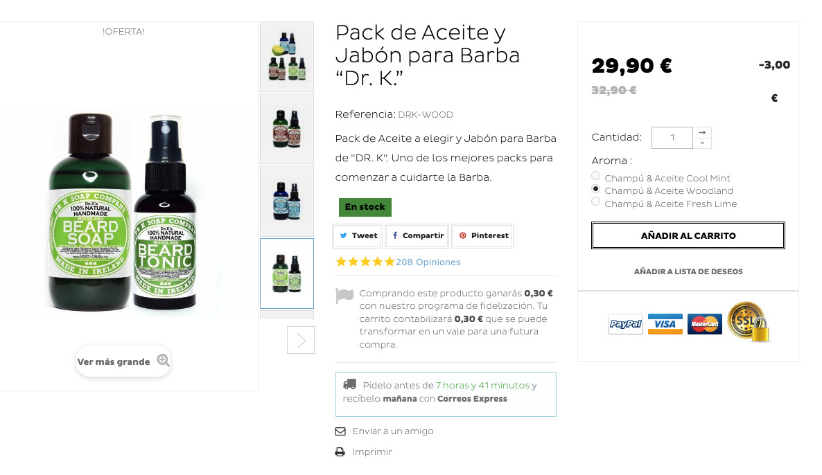 Captura de pantalla de la Casa de la Barba, con un kit de aceite de barba y jabón