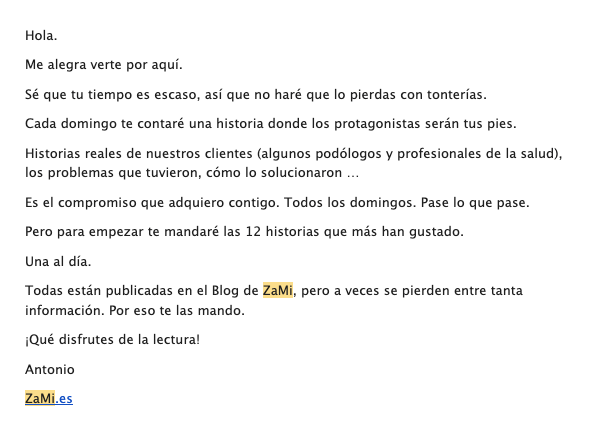 Correo de bienvenida en newsletter de Zami