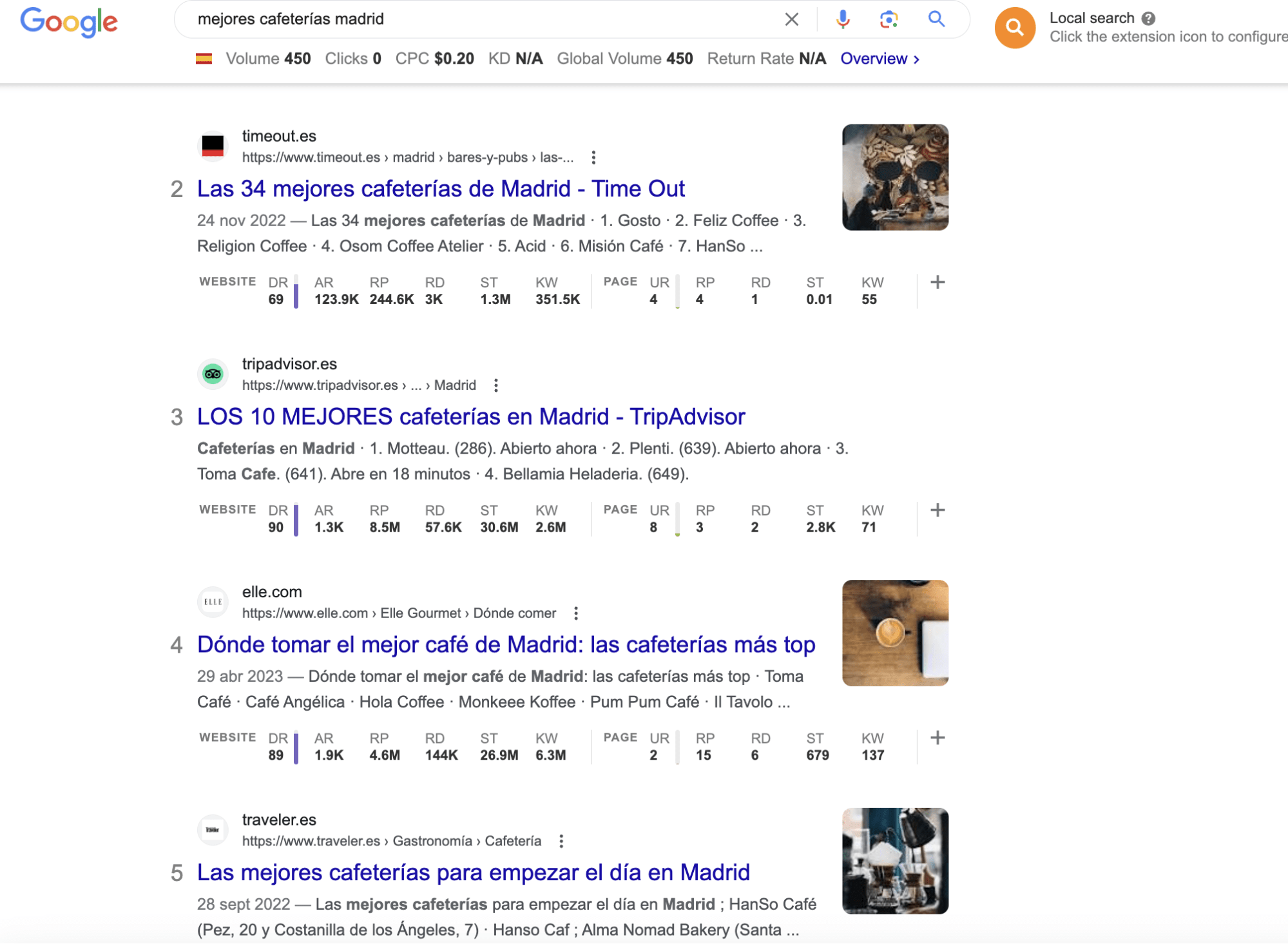 Búsqueda de mejores cafeterías de Madrid en Google