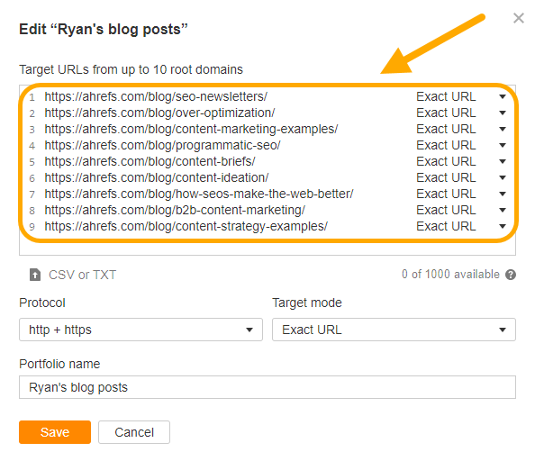 Función de Portfolios en Ahrefs. 
