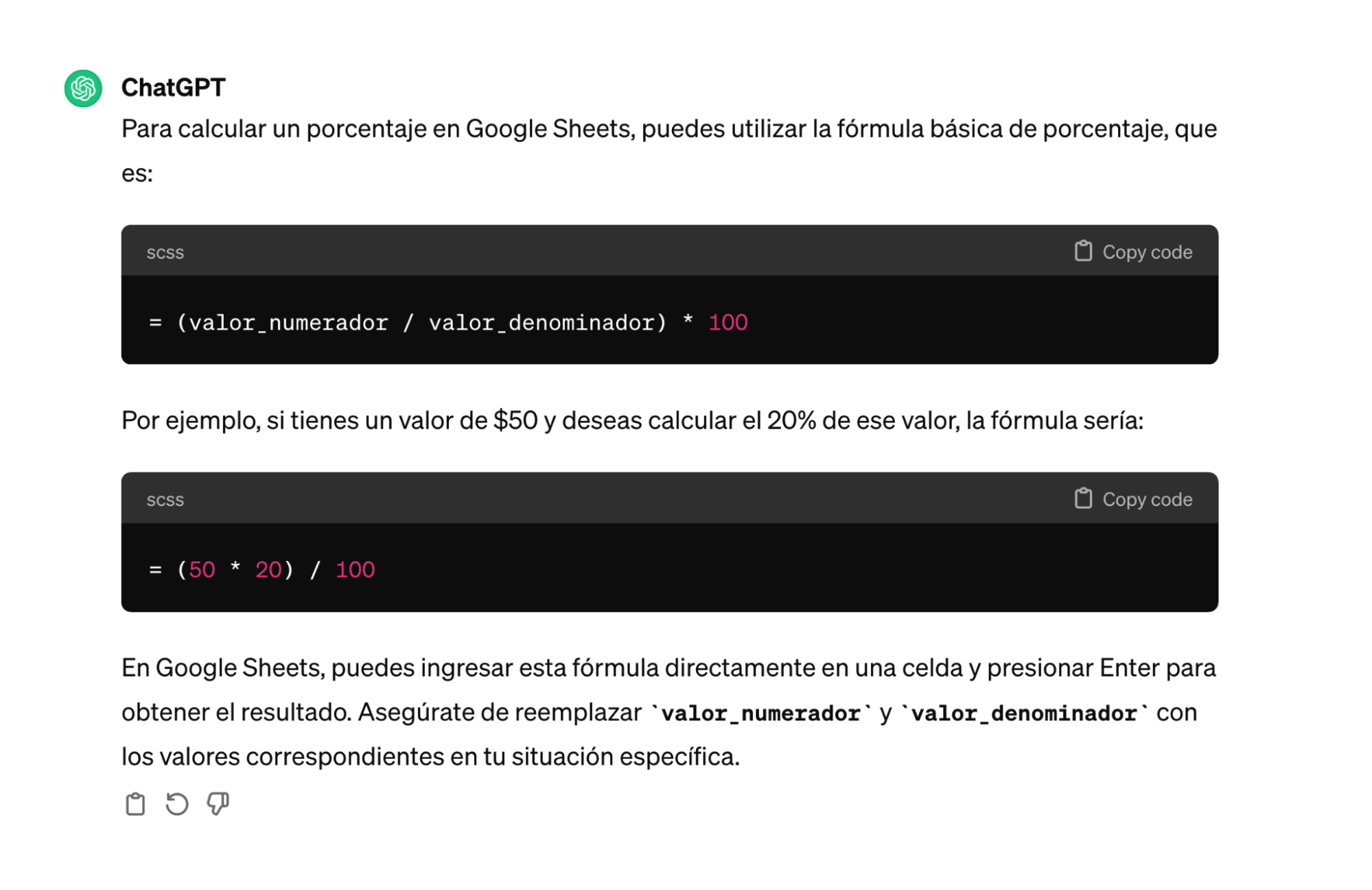 Respuesta de ChatGPT a la fórmula de cálculo de porcentajes de Google Sheets.