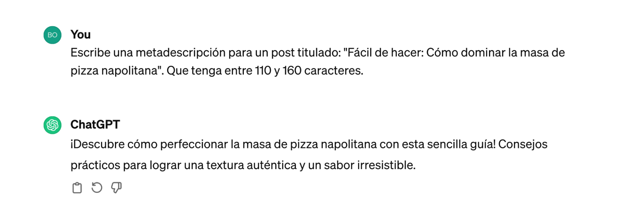 ChatGPT generando una metadescripción.