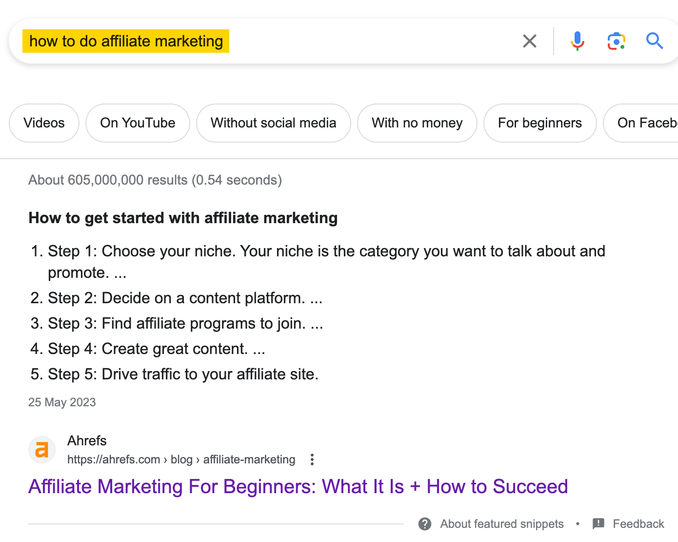 Ahrefs ocupa el primer puesto Google con la palabra clave "how to do affiliate marketing".