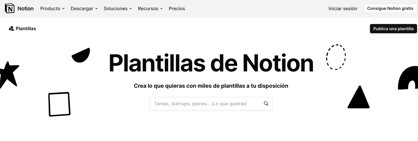 Captura de pantalla de la galería de plantillas de Notion
