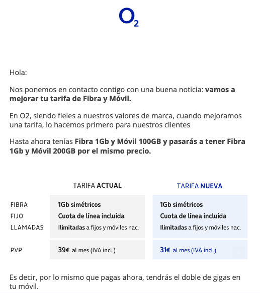 Captura de pantalla de un email de O2