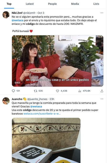 Capturas de pantalla de twitter mencionando códigos de Wetaca