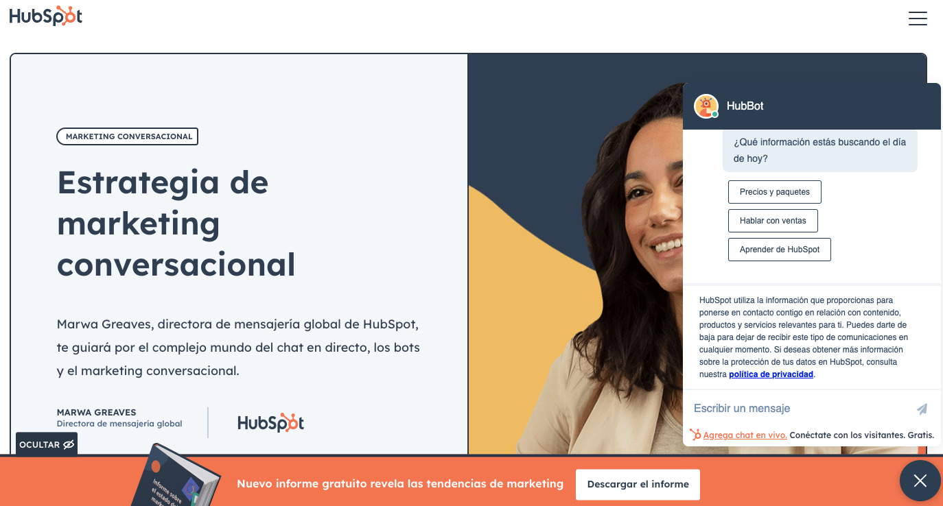 Ejemplo de marketing conversacional aplicado por HubSpot
