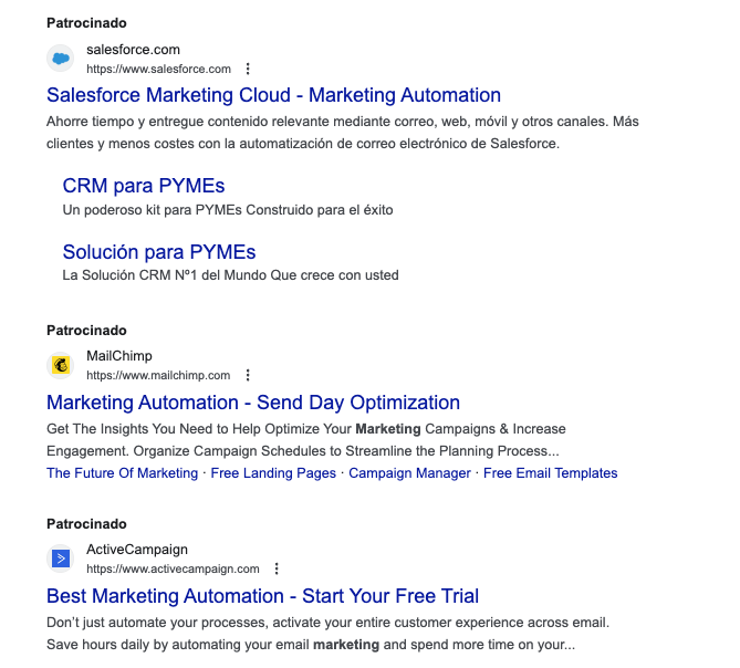Captura de pantalla de resultados de pago para "marketing automation" en España