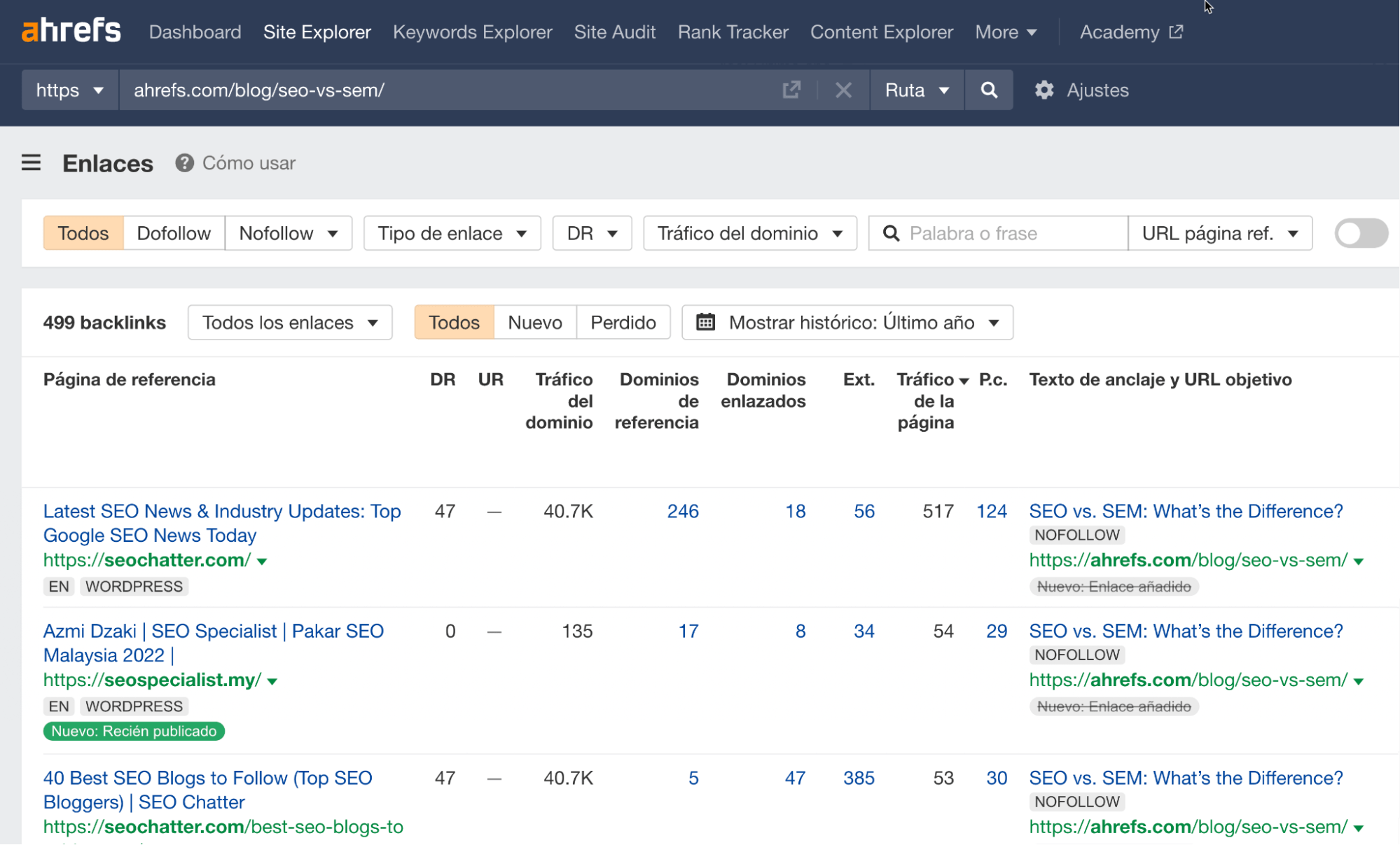 Cómo ver los backlinks de una página en el Site Explorer de Ahrefs