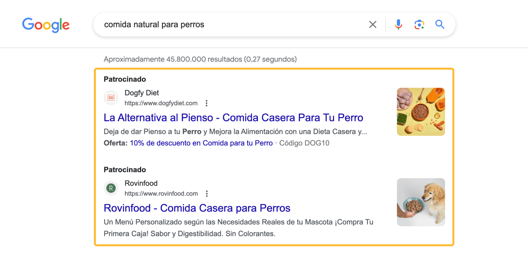 Ejemplos de anuncios en la Búsqueda de Google.